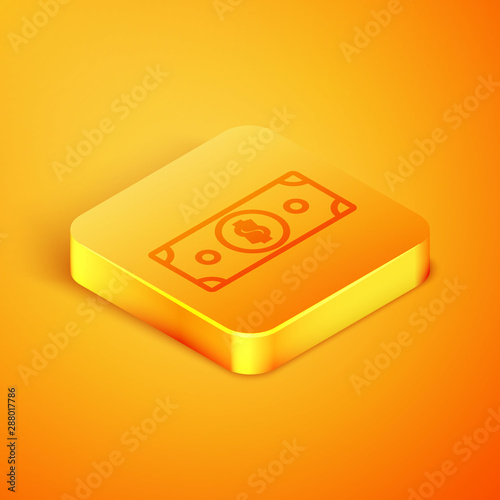 Isometric line Cryptocurrency coin Bitcoin icon isolated on orange background. Blockchain technology, bitcoin, digital money market, cryptocoin wallet. Orange square button. Vector Illustration