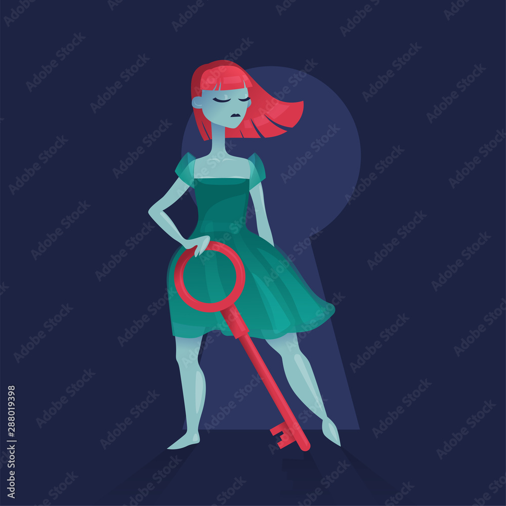 The girl with bright hair who achieved the goal, feminism. A woman with the key to her own happiness. The answers to all the questions. Keyhole and key in the hands. The girl with bright hair who achieved the goal, feminism. A woman with the key to her own happiness. The answers to all the questions. Keyhole and key in the hands.