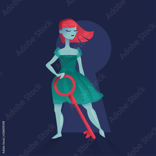 The girl with bright hair who achieved the goal, feminism. A woman with the key to her own happiness. The answers to all the questions. Keyhole and key in the hands.