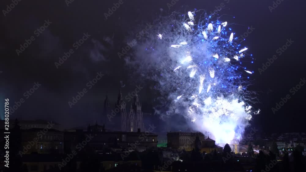 Fireworks on Santiago de Compostela skyline. July 24th Apostle Santiago festival, Galicia, Spain Fireworks on Santiago de Compostela skyline. July 24th Apostle Santiago festival, Galicia, Spain