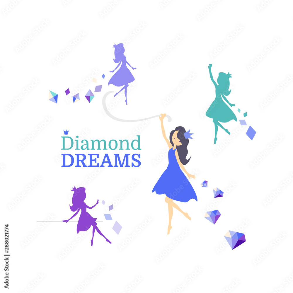 Colorful fairy princess silhouette with diamonds vector set. Set of Fairies Silhouette stencil with crystals on white background. Vector illustration for logo, kids fashion, invitation, decor.