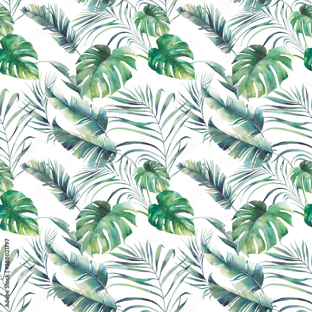 Tropical plants seamless pattern. Watercolor green leaves and branches on white background. Hand drawn exotic wallpaper design