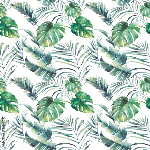 Fototapeta Naklejka Na Ścianę i Meble -  Tropical plants seamless pattern. Watercolor green leaves and branches on white background. Hand drawn exotic wallpaper design