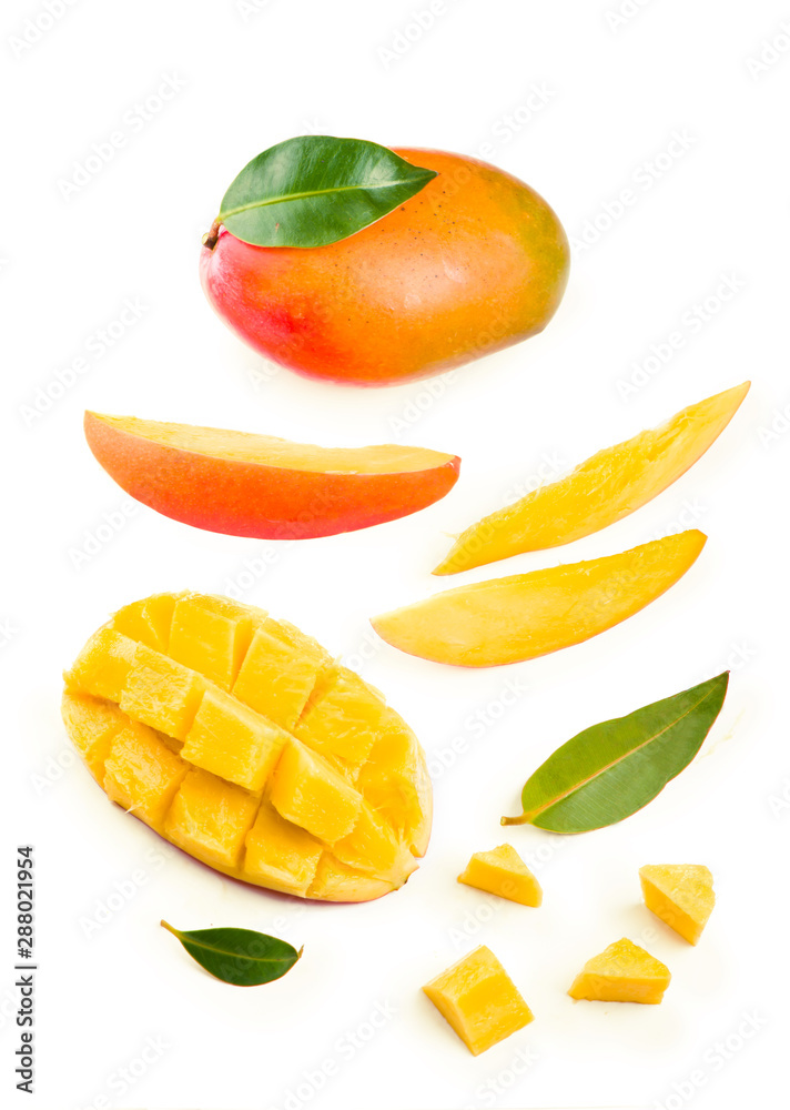 Mango fruit with green leave isolated on white background