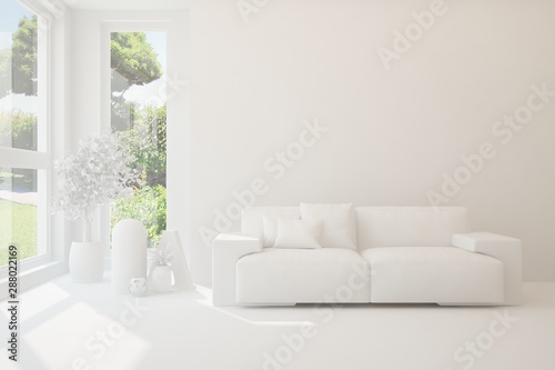Mock up of stylish room in white color with sofa and green landscape in window. Scandinavian interior design. 3D illustration
