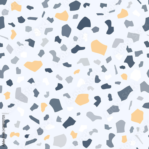 Terrazzo Seamless Vector Pattern in Blue and Yellow Volors. Classic Italian Flooring Texture in Venetian Style. Composite Stone Tiles of Marble, Granite, Glass, Rock, etc