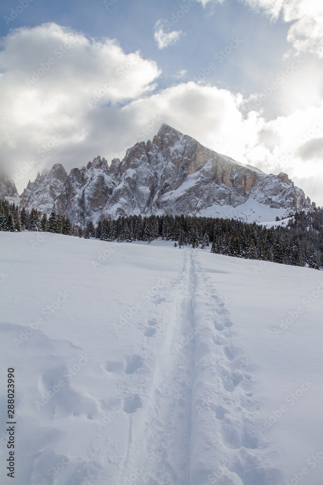 Path to Plattkofel, Sasso Piatto in the Dolomites, above Val Gardena, Gröden. Deep Snow path in a Winter wonder land