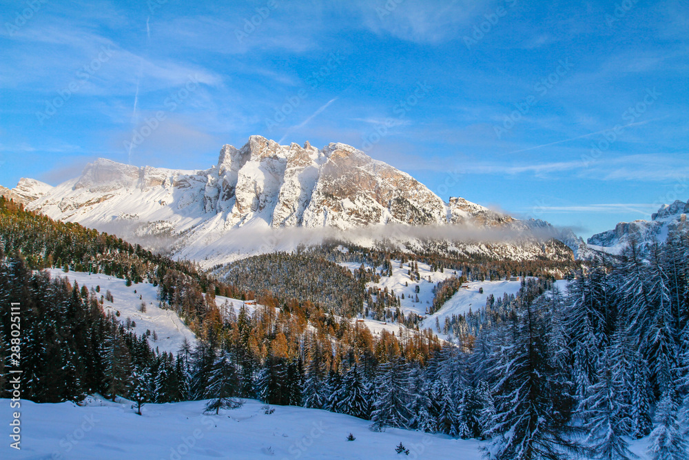 Wide Landscape of Pela the Vit, on Stevia in the Dolomites above Wolkenstein, Selva. Sundown in the dolomites in Südtirol