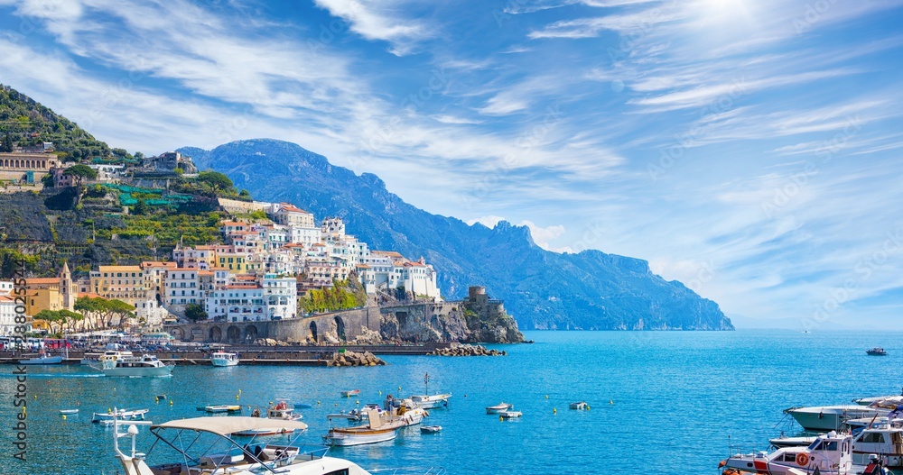 Beautiful Amalfi on hills leading down to coast, Campania, Italy