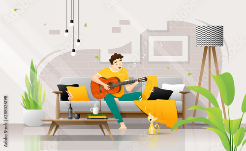 Happy young man playing guitar on sofa in living room, relaxing weekend at home ,vector , illustration
