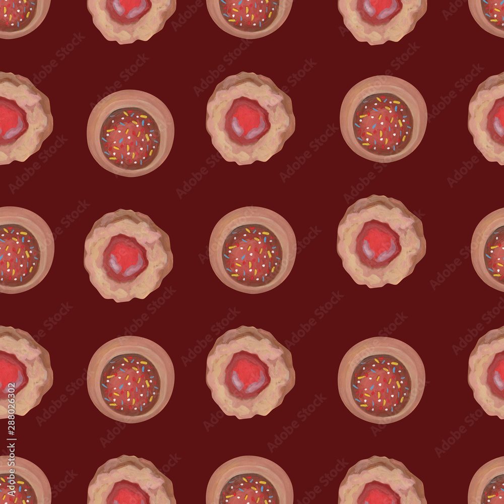 Sweet seamless pattern. Beautiful cookies on a burgundy background. Baking painted with acrylics. Suitable for packaging design, wrapper, postcard, booklet, fabric and more. Sweet seamless pattern. Beautiful cookies on a burgundy background. Baking painted with acrylics. Suitable for packaging design, wrapper, postcard, booklet, fabric and more.
