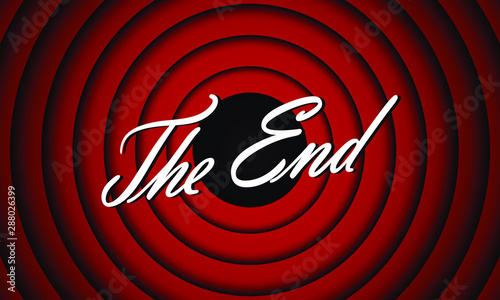 The End handwrite title on red round background. Old movie ending screen. Vector illustration