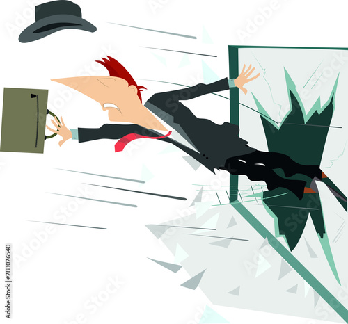 Man flies out the broken window illustration. Man with hat and bag flies out the broken window isolated on white 
