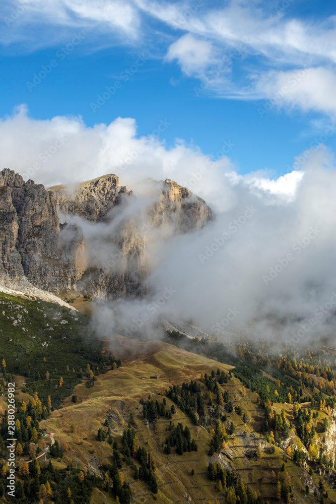 Passo Gardena in the Dolomites above Val Gardena and Corvara. Beautiful Dolomite Mountains in the Italian Alps