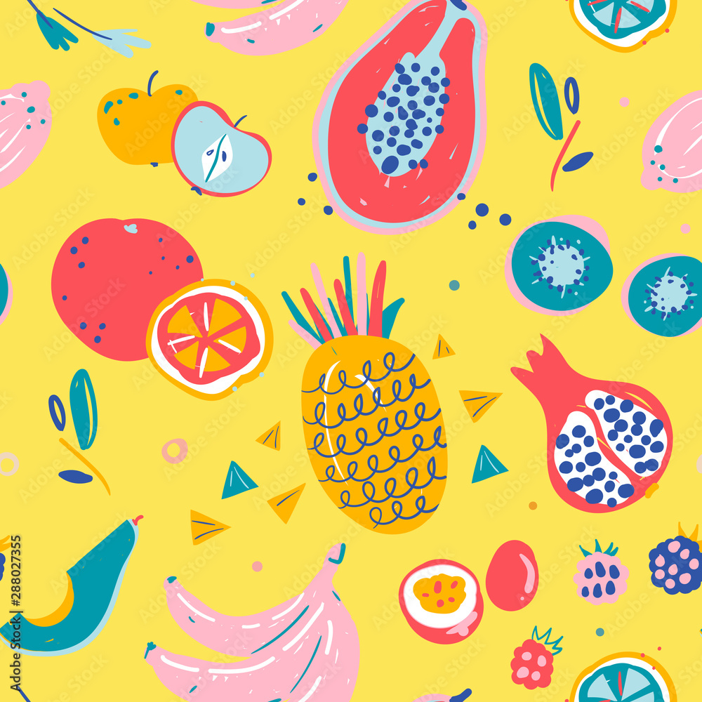 Hand drawn illustrations of fruit in bright colors and modern handrawn sketch style. Neon vector seamless pattern. Endless background of tropical fruit ingredients, good for print textile or wrapping.