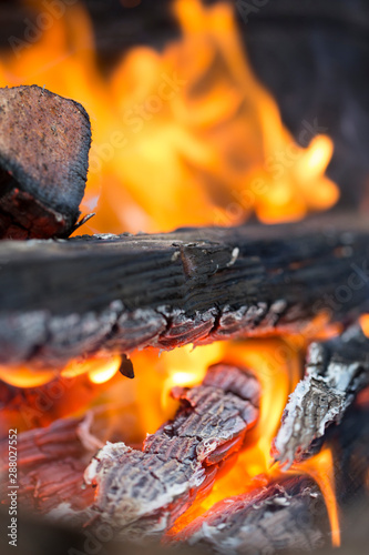 Orange flames burn the wood, closeup of a fire burning wood. Ember and ash.