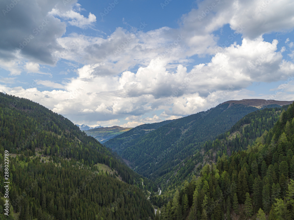 Beautiful V shaped Valley in the Alps, sides of the Valley covered by thick Forests and Mountains in the Background