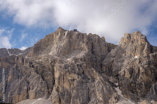 Lagazuoi seen from Passo Falzarego in Italy, beautiful Dolomite Mountain in the Alps. Cablecar Station on top of Mountain