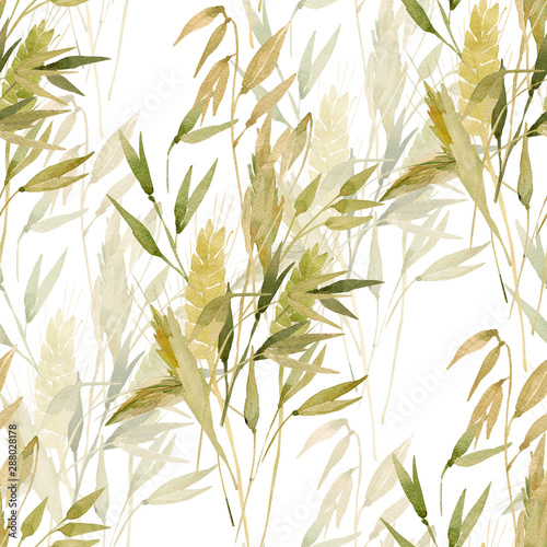 Watercolor wheat ears seamless pattern.Image of ears of wheat on a white and colored background.