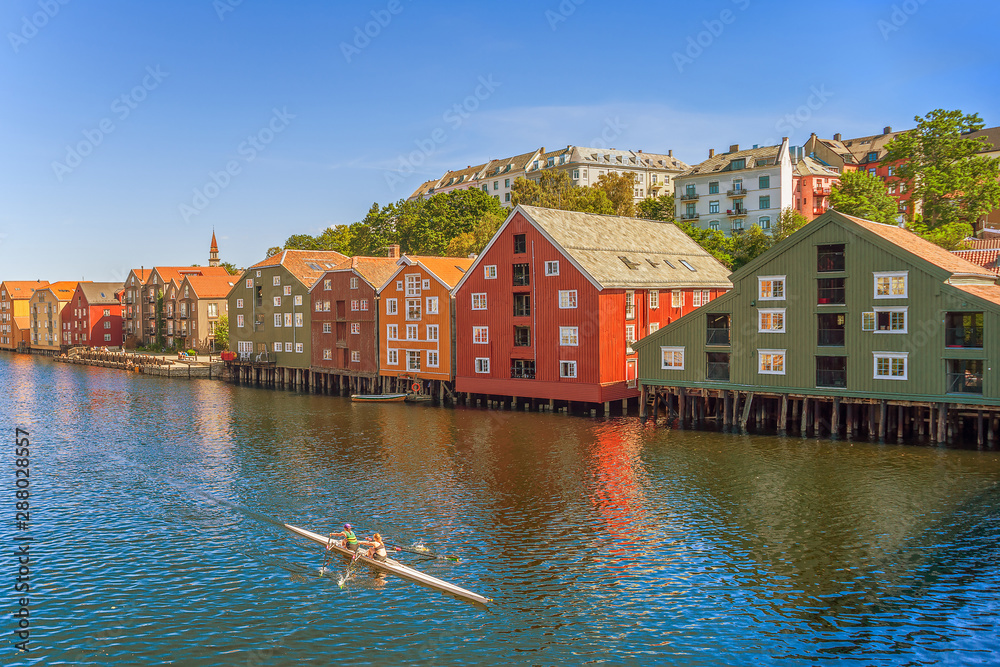 Double scull boat on Nidelva river.Trondheim.Trondelag county.Norway