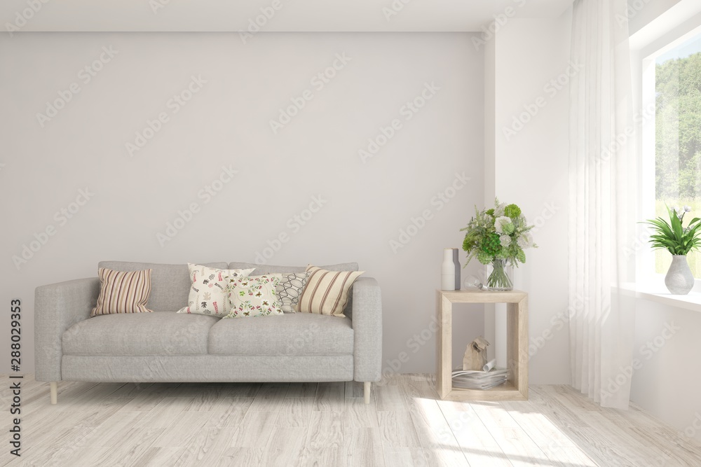Stylish room in white color with sofa. Scandinavian interior design. 3D illustration Stylish room in white color with sofa. Scandinavian interior design. 3D illustration
