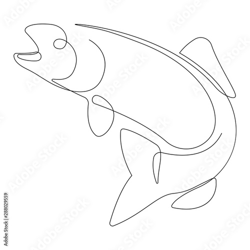 One single line drawing of big salmon or trout for logo identity. Large lake fish mascot concept for fishing tournament icon.