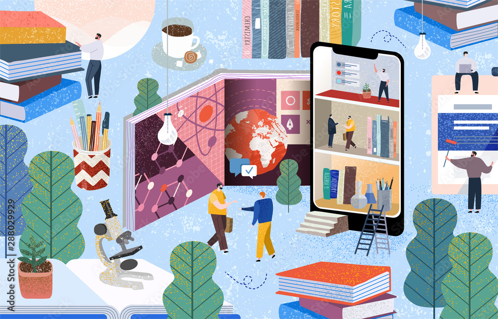 Obraz na plátně People communicate and gain knowledge through books, the Internet and the phone
