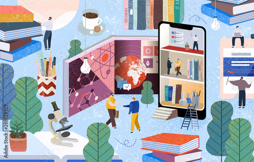 People communicate and gain knowledge through books, the Internet and the phone. Vector illustration of online learning on the World Wide Web, digitalization of business, education and training