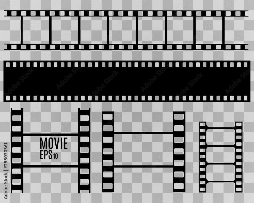 Set of film vector stripes isolated on transparent background.Film strip roll. Vector cinema background. Set of film vector stripes isolated on transparent background.Film strip roll. Vector cinema background.