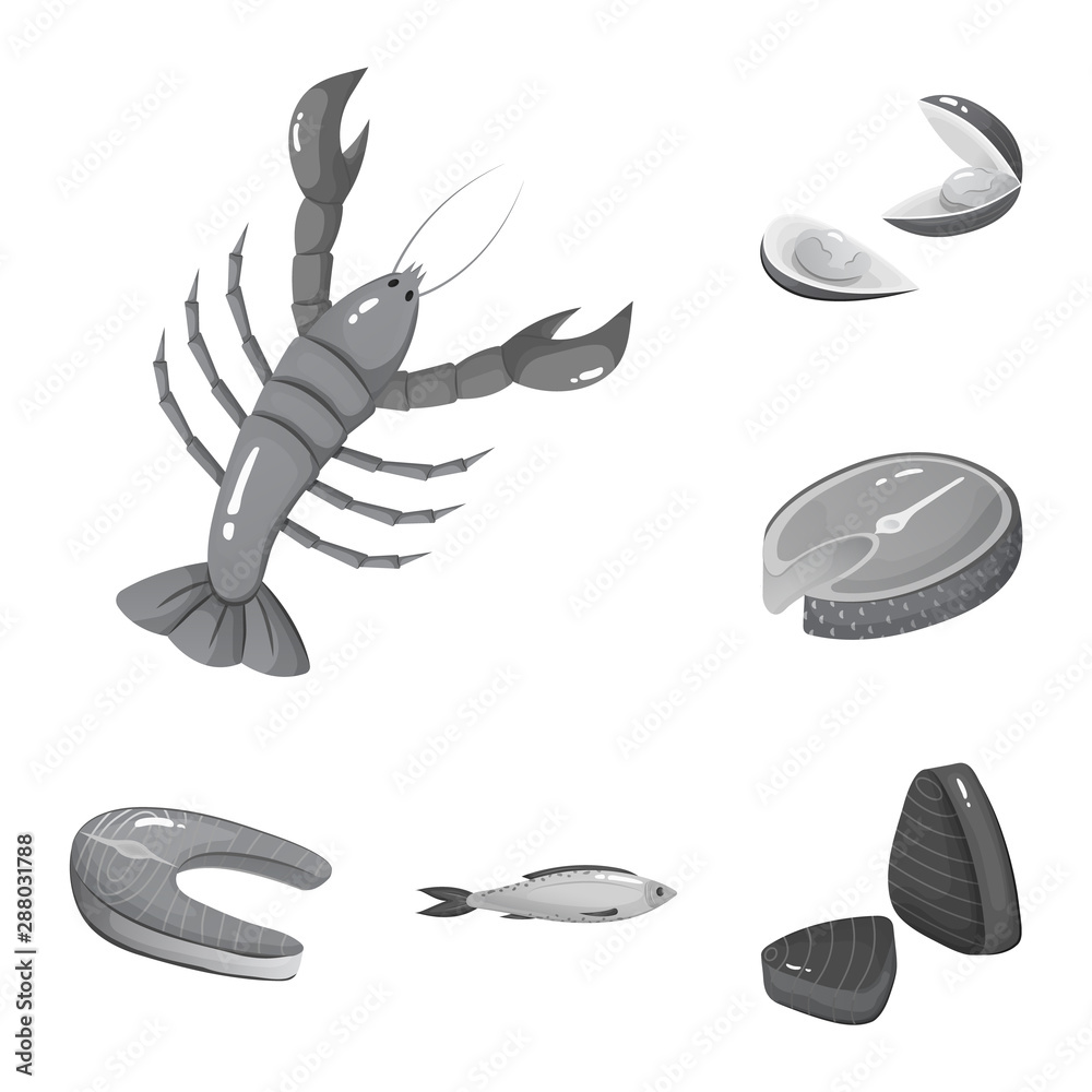Fototapeta premium Isolated object of seafood and healthy sign. Collection of seafood and ocean vector icon for stock.