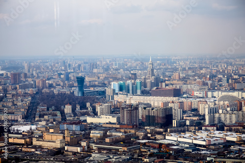 Aerial photography Moscow in early spring. Still some places snow.