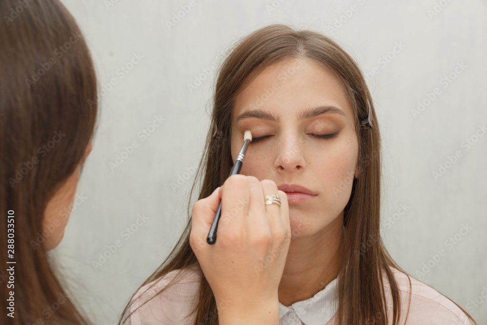 The process of creating makeup. Makeup artist working with a brush on the face of the model. The process of creating makeup. Makeup artist working with a brush on the face of the model.