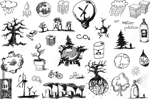many hand drawn sketches of topics regarding nature nd environment and ecology and trees and wind energy