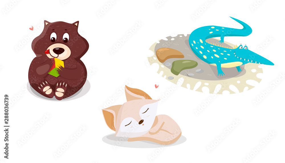Fototapeta premium vector childlike set of some cute cubs - a fennec, a crocodile, and a wombat.