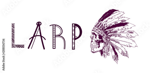 vector illustration of an indian skull with LARP sign. monochrome illustration.
