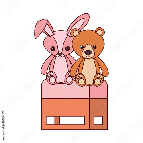 cute bear and rabbit stuffed baby toys in chair