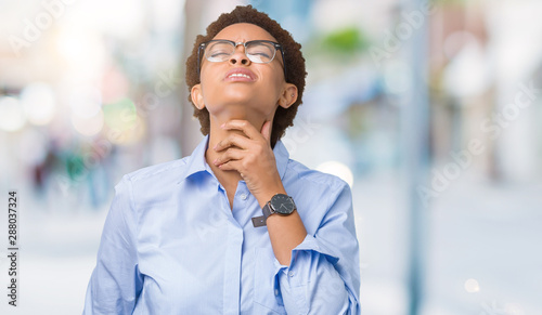 Young beautiful african american business woman over isolated background Touching painful neck  sore throat for flu  clod and infection