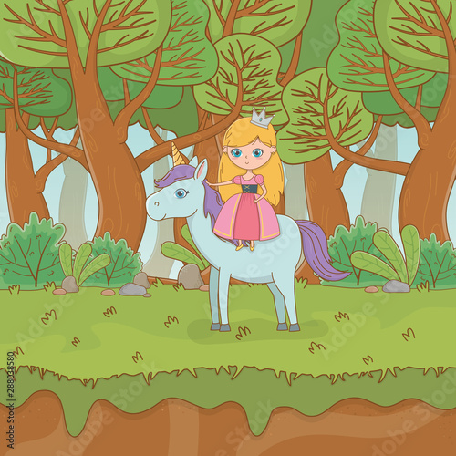 Fototapeta Naklejka Na Ścianę i Meble -  fairytale landscape scene with princess in unicorn