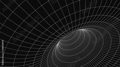 Wireframe 3D tunnel. Perspective grid background texture. Meshy wormhole model. Vector Illustration.