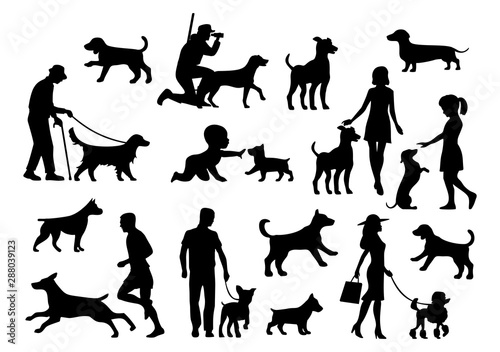 Set dog and people silhouette. Vector black flat icon