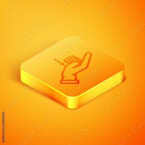 Isometric line Money on hand icon isolated on orange background. Palm holds cash with down. Cash salary decrease. Orange square button. Vector Illustration
