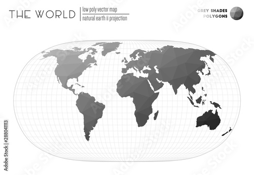 Abstract world map. Natural Earth II projection of the world. Grey Shades colored polygons. Awesome vector illustration.