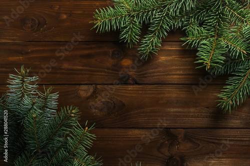 Fir tree twigs on wooden background. Christmas concept