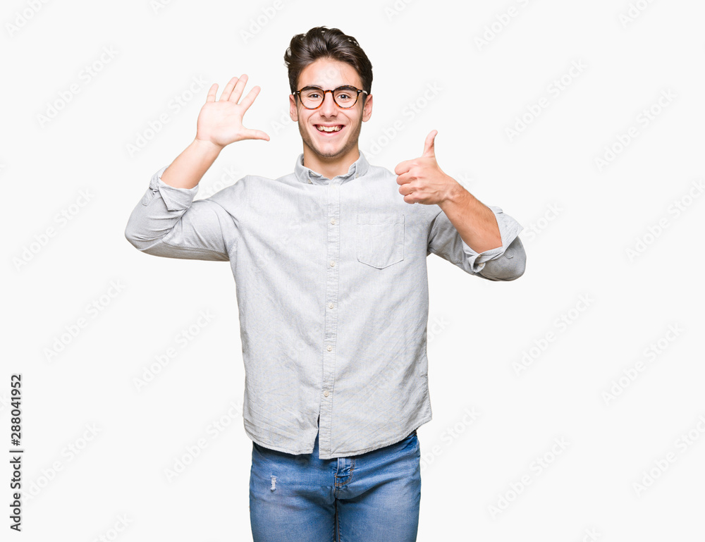 Young handsome man wearing glasses over isolated background showing and pointing up with fingers number six while smiling confident and happy. Young handsome man wearing glasses over isolated background showing and pointing up with fingers number six while smiling confident and happy.