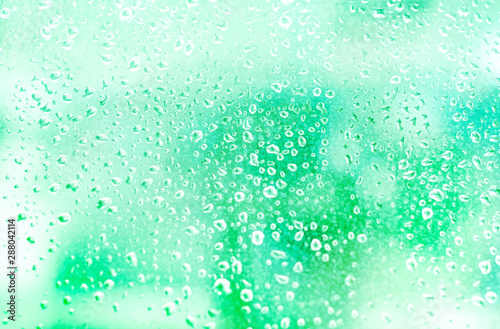 Bubbles of water on mint color background.Trendy colors
