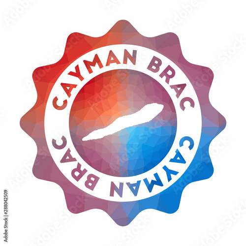 Cayman Brac low poly logo. Colorful gradient travel logo of the island in geometric style. Multicolored polygonal Cayman Brac rounded sign with map for your infographics.
