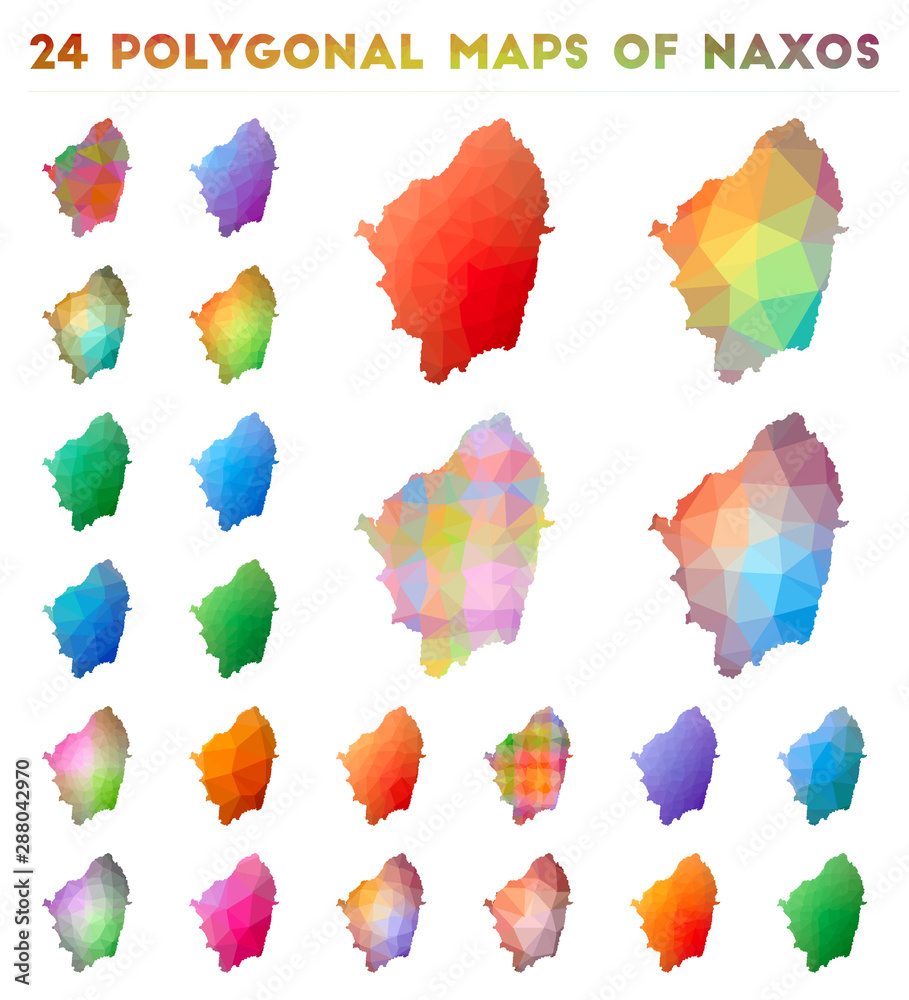 Fototapeta premium Set of vector polygonal maps of Naxos. Bright gradient map of island in low poly style. Multicolored Naxos map in geometric style for your infographics.