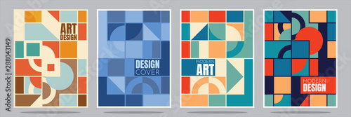 Vector illustration. Minimalistic geometric background in retro concept. A4 cover set. Squares, circles, semicircles, lines. Elements of graphic design. Simple geometric shapes. Flat style