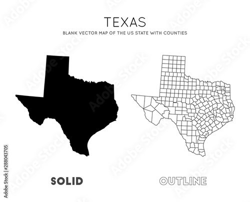 Texas map. Blank vector map of the Us State with counties. Borders of Texas for your infographic. Vector illustration.