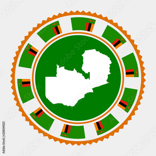 Zambia flat stamp. Round logo with map and flag of Zambia. Vector illustration.